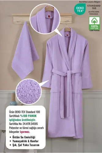 Bathrobe Set 100% Cotton Certified Shawl Collar Bathrobe Head Towel Set 2 Pieces Lilac-Lilac - ELLALINE (1)