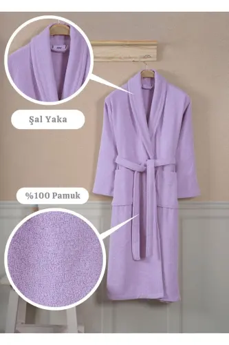 Bathrobe Set 100% Cotton Certified Shawl Collar Bathrobe Head Towel Set 2 Pieces Lilac-Lilac - 3