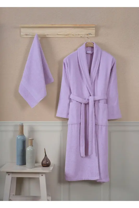 Bathrobe Set 100% Cotton Certified Shawl Collar Bathrobe Head Towel Set 2 Pieces Lilac-Lilac - 4
