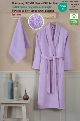 Bathrobe Set 100% Cotton Certified Shawl Collar Bathrobe Head Towel Set 2 Pieces Lilac-Lilac - 6