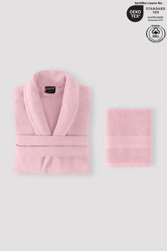 Bathrobe Set 100% Cotton Certified Shawl Collar Bathrobe Head Towel Set 2 Pieces Powder Pink-Pink - 1
