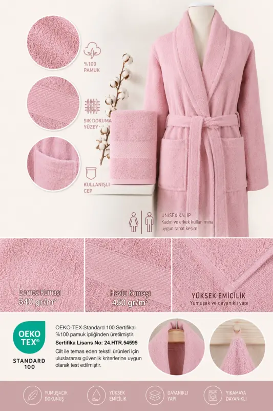 Bathrobe Set 100% Cotton Certified Shawl Collar Bathrobe Head Towel Set 2 Pieces Powder Pink-Pink - 3