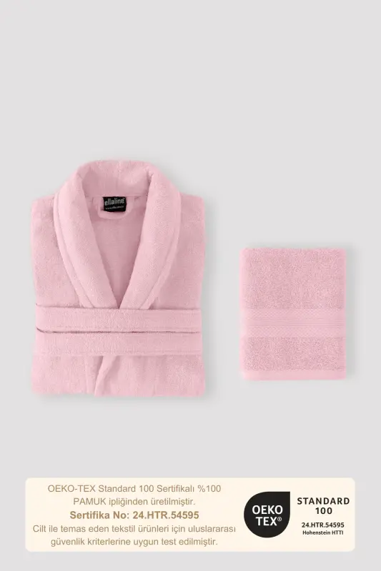 Bathrobe Set 100% Cotton Certified Shawl Collar Bathrobe Head Towel Set 2 Pieces Powder Pink-Pink - 6