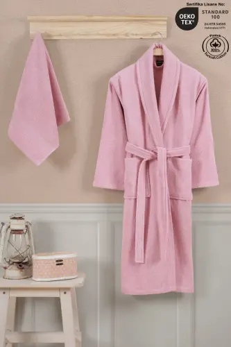 Bathrobe Set 100% Cotton Certified Shawl Collar Bathrobe Head Towel Set 2 Pieces Powder Pink-Pink - 7