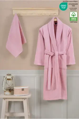 Bathrobe Set 100% Cotton Certified Shawl Collar Bathrobe Head Towel Set 2 Pieces Powder Pink-Pink - 1