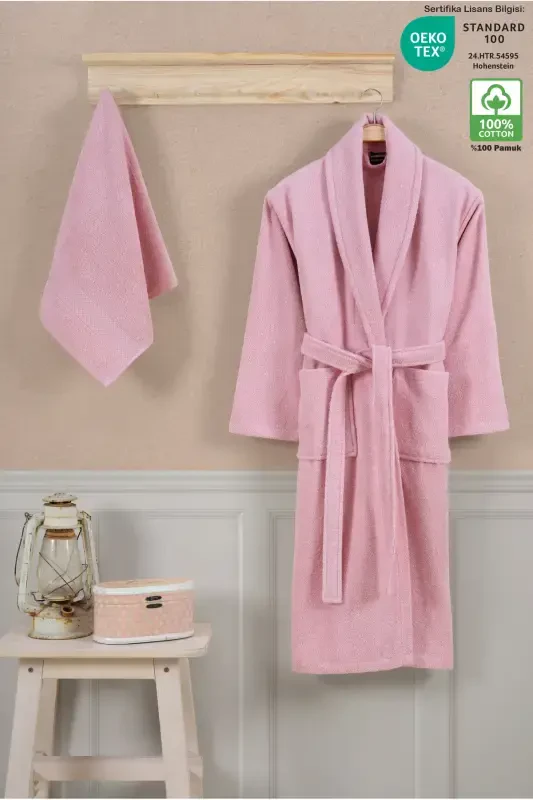 Bathrobe Set 100% Cotton Certified Shawl Collar Bathrobe Head Towel Set 2 Pieces Powder Pink-Pink - 1