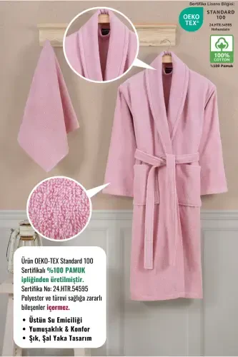 Bathrobe Set 100% Cotton Certified Shawl Collar Bathrobe Head Towel Set 2 Pieces Powder Pink-Pink - ELLALINE (1)