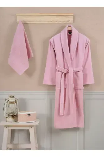Bathrobe Set 100% Cotton Certified Shawl Collar Bathrobe Head Towel Set 2 Pieces Powder Pink-Pink - 3
