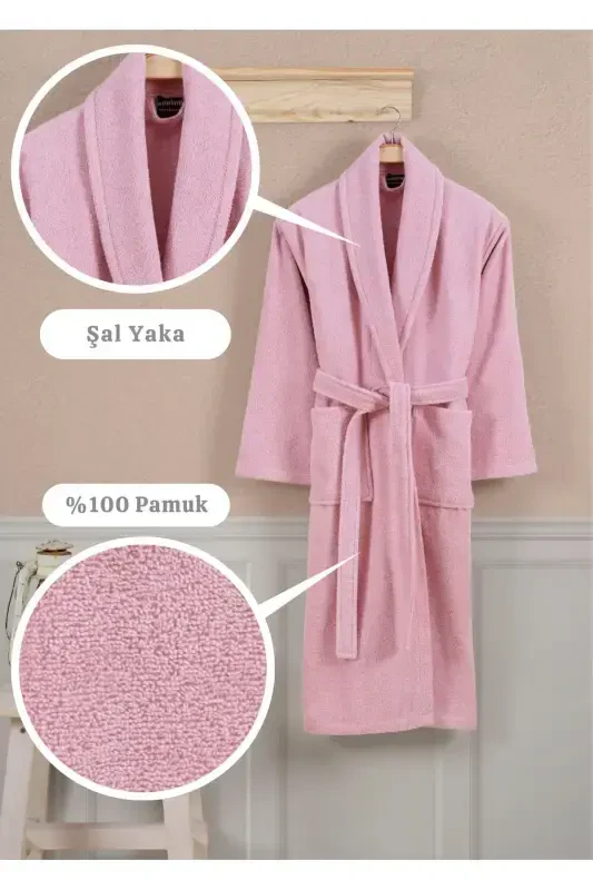 Bathrobe Set 100% Cotton Certified Shawl Collar Bathrobe Head Towel Set 2 Pieces Powder Pink-Pink - 4