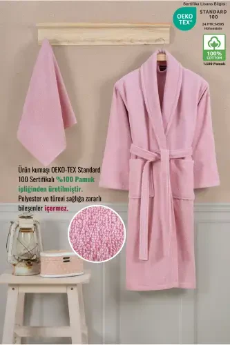 Bathrobe Set 100% Cotton Certified Shawl Collar Bathrobe Head Towel Set 2 Pieces Powder Pink-Pink - 6