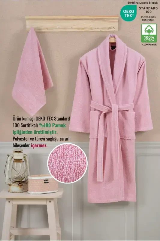 Bathrobe Set 100% Cotton Certified Shawl Collar Bathrobe Head Towel Set 2 Pieces Powder Pink-Pink - 6