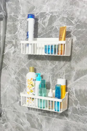 Bathroom Adhesive Shower Shelf, 2 Pack Bathroom Organizer Caddy Shower Shelf Shampoo Holder, Plastic - 4