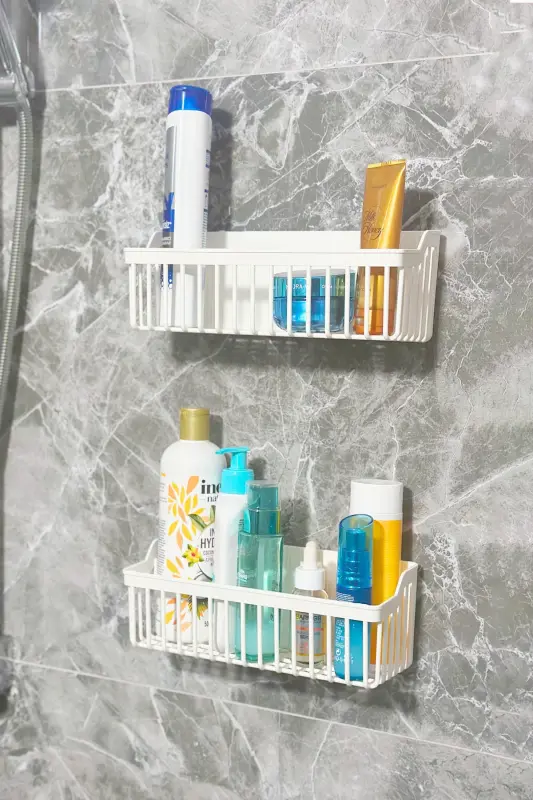 Bathroom Adhesive Shower Shelf, 2 Pack Bathroom Organizer Caddy Shower Shelf Shampoo Holder, Plastic - 3