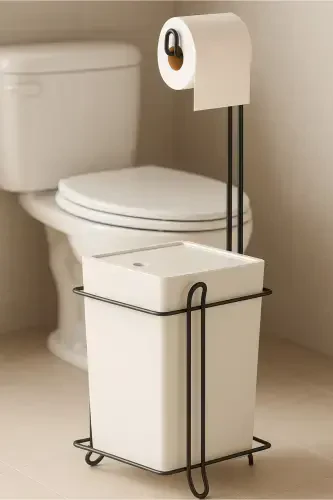 Bathroom Kitchen Trash Can Metal Stand Toilet Paper Holder Set - 1