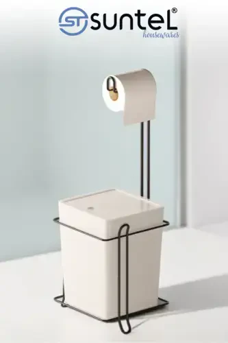 Bathroom Kitchen Trash Can Metal Stand Toilet Paper Holder Set - 3
