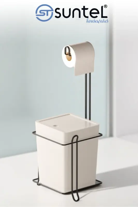 Bathroom Kitchen Trash Can Metal Stand Toilet Paper Holder Set - 3