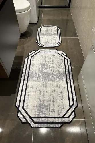 Bathroom Mat Bath Rug Washable Non-Slip Base Gray Black Water Absorbent Mat Set - 6