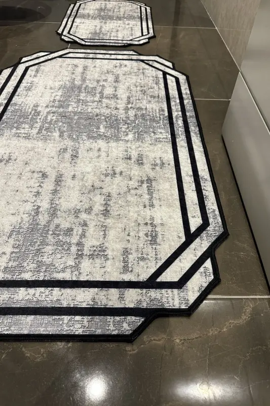 Bathroom Mat Bath Rug Washable Non-Slip Base Gray Black Water Absorbent Mat Set - 7