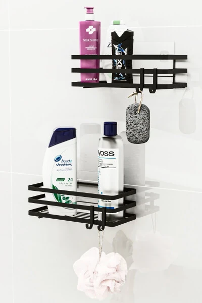 Bathroom Organizer Shampoo Soap Dish 2 Piece Set Sliced Adhesive 4 Hook Shower Shelf Organizer - BINO