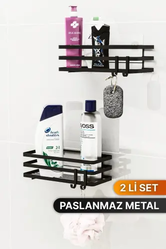 Bathroom Organizer Shampoo Soap Dish 2 Piece Set Sliced Adhesive 4 Hook Shower Shelf Organizer - 7