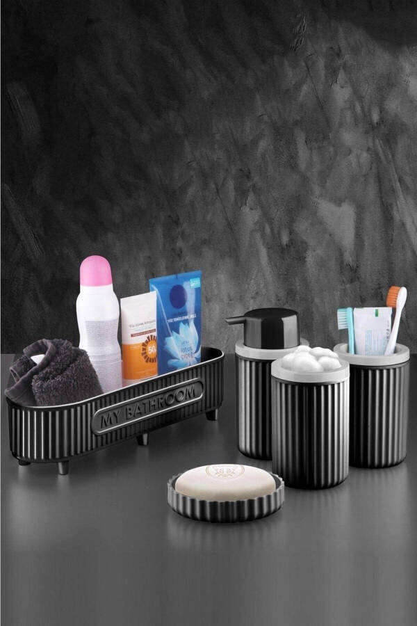 Bathroom Set Toothbrush Holder Liquid Soap Dispenser Solid Soap Dish Cotton Holder 5 Piece Set Black 3386 - 1