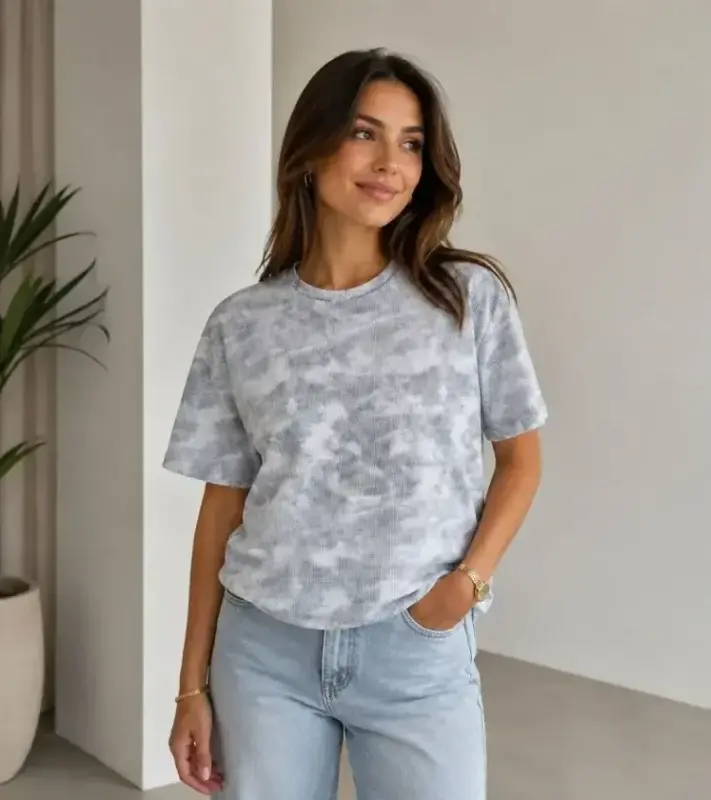 Batik Desenli Tişört Bisiklet Yaka Kısa Kol Regular Fit T-shirt - Gri - 1