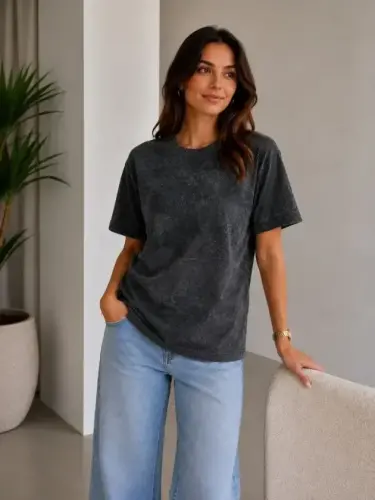 Batik Desenli Tişört Bisiklet Yaka Kısa Kol Regular Fit T-shirt - Siyah - 1