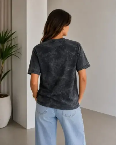 Batik Desenli Tişört Bisiklet Yaka Kısa Kol Regular Fit T-shirt - Siyah - 4