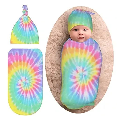 Tie Dye Newborn Swaddle Blanket with Hat Set Baby Stuff Receiving Blankets Soft Transition Sleep Sacks Gifts for Infant Boys Girls - 1