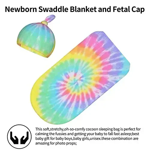Tie Dye Newborn Swaddle Blanket with Hat Set Baby Stuff Receiving Blankets Soft Transition Sleep Sacks Gifts for Infant Boys Girls - 2
