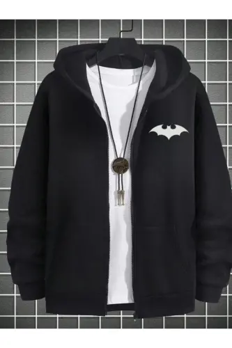 Batman Logo Baskili Kapşonli Fermuarli Hırka-QORA 