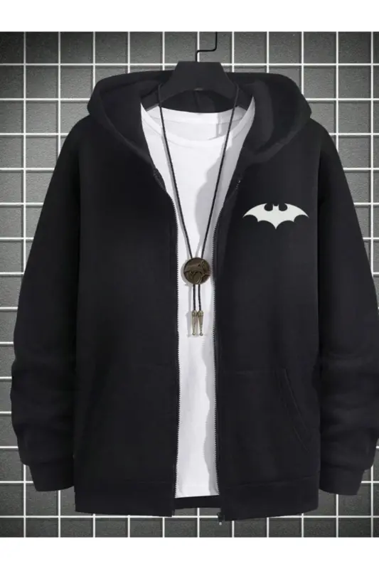 Batman Logo Baskili Kapşonli Fermuarli Hırka-QORA - BOI