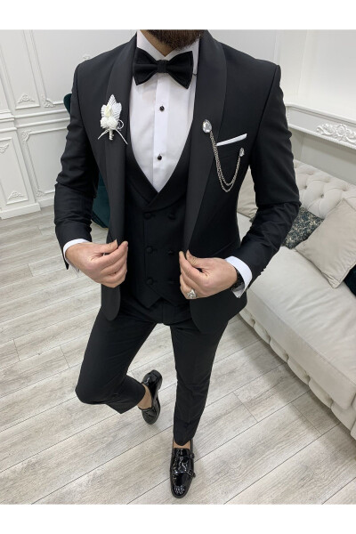 Battal Boy Erkek Smokin Damatlık Şal Yaka İtalyan Kesim Slim Fit Ceket Yelek Pantolon Papyon-Siyah - 1