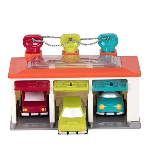 Battat 3-Car Garage, Color Sorting Push-and-Go Playset, Toddler | playset with matching keys, transparent roof, take-along handle, color and shape matching, Toddler, 2+ Years - 1