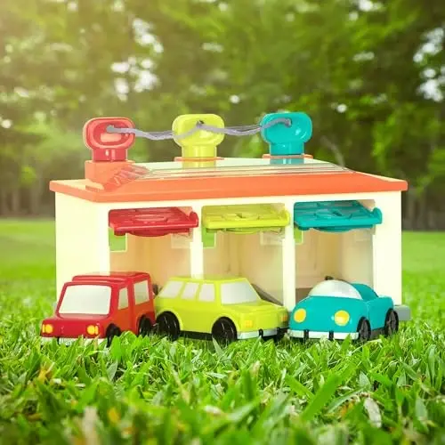 Battat 3-Car Garage, Color Sorting Push-and-Go Playset, Toddler | playset with matching keys, transparent roof, take-along handle, color and shape matching, Toddler, 2+ Years - 2