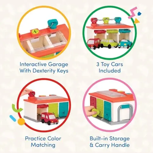 Battat 3-Car Garage, Color Sorting Push-and-Go Playset, Toddler | playset with matching keys, transparent roof, take-along handle, color and shape matching, Toddler, 2+ Years - 4