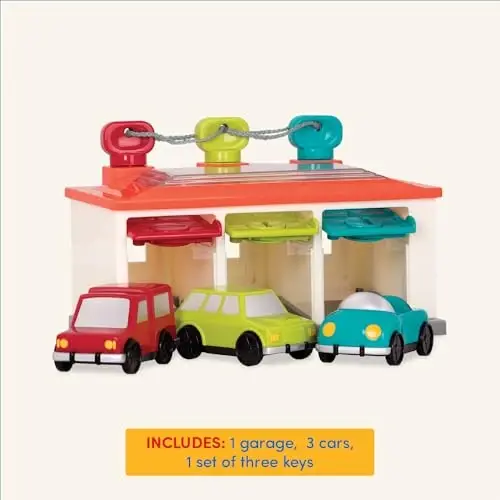 Battat 3-Car Garage, Color Sorting Push-and-Go Playset, Toddler | playset with matching keys, transparent roof, take-along handle, color and shape matching, Toddler, 2+ Years - 6