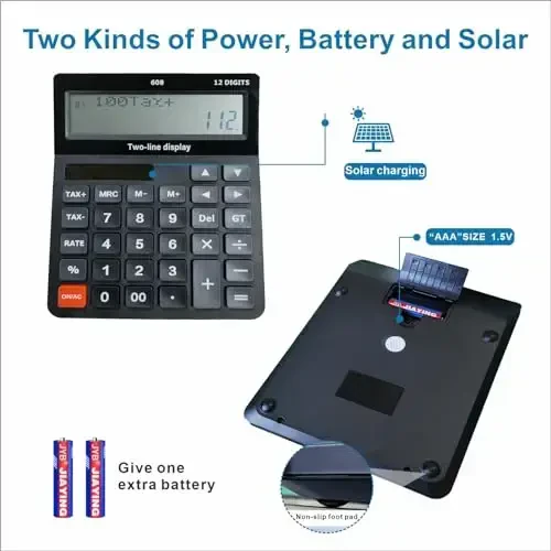 Battery and Solar Unique 120-Step Calculation Check Memory 12 Digit 2 Line Extra Large Calculator Big Buttons and 5.5