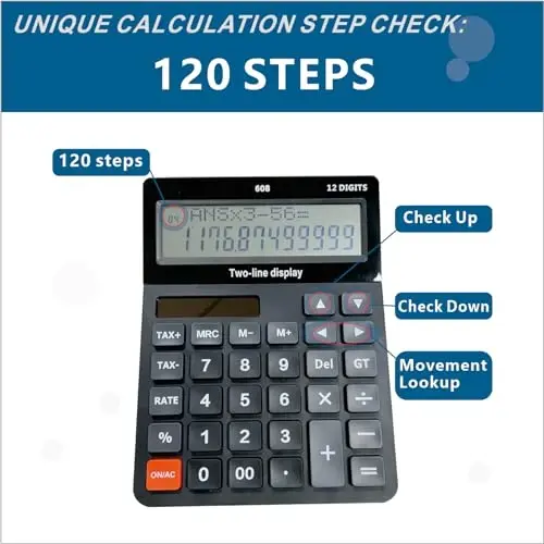 Battery and Solar Unique 120-Step Calculation Check Memory 12 Digit 2 Line Extra Large Calculator Big Buttons and 5.5