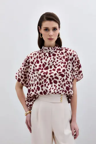 Batwing Oversized Blouse - Beige-Burgundy-Beige 