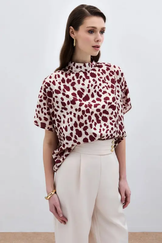 Batwing Oversized Blouse - Beige-Burgundy-Beige - 2