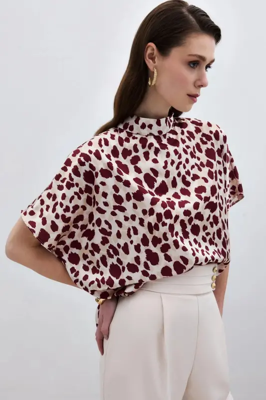 Batwing Oversized Blouse - Beige-Burgundy-Beige - 3