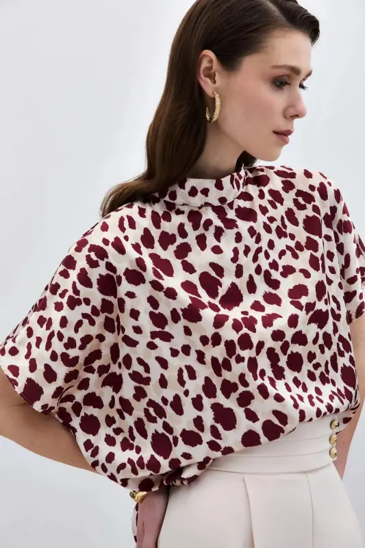 Batwing Oversized Blouse - Beige-Burgundy-Beige - 4