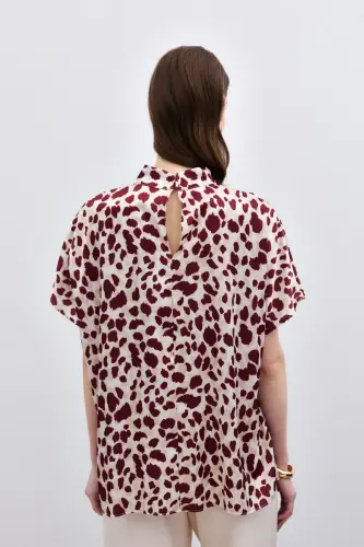 Batwing Oversized Blouse - Beige-Burgundy-Beige - 5