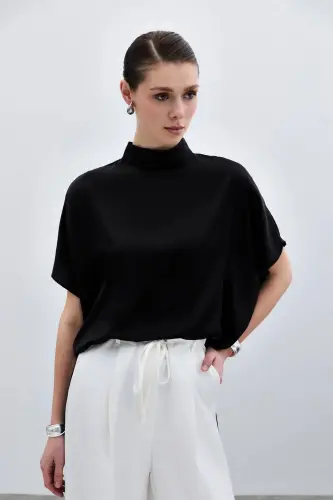 Batwing Sleeve Loose Blouse - Plain Black-Plain Black - 4