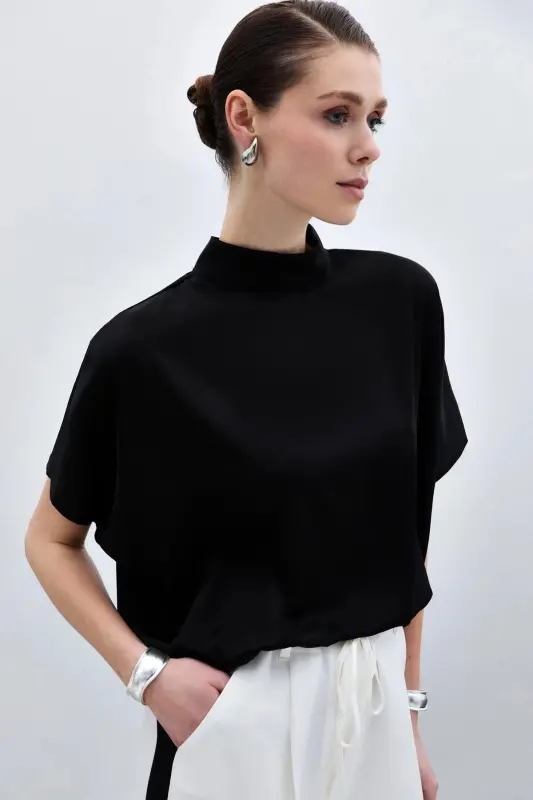 Batwing Sleeve Loose Blouse - Plain Black-Plain Black - 5