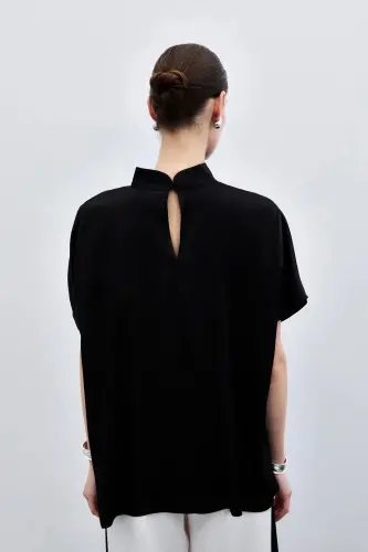Batwing Sleeve Loose Blouse - Plain Black-Plain Black - 6