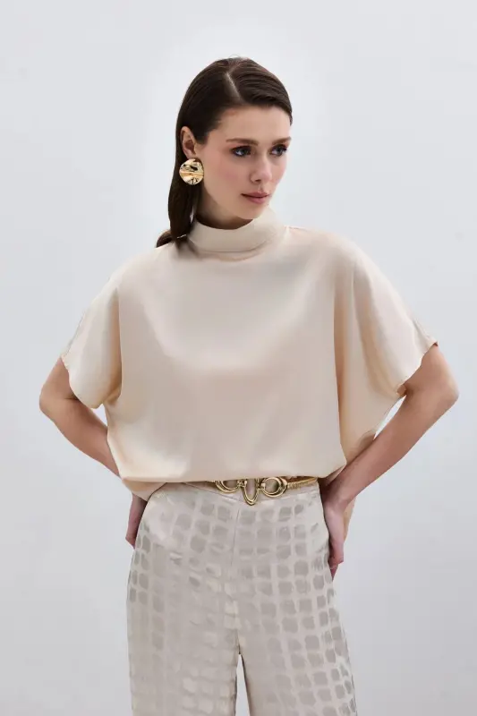 Batwing Sleeve Slouchy Blouse - Beige-Beige - 4