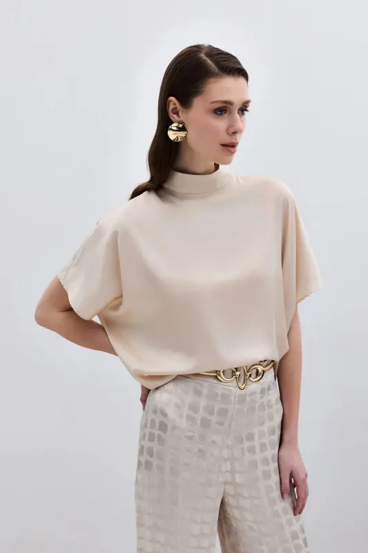 Batwing Sleeve Slouchy Blouse - Beige-Beige - 5