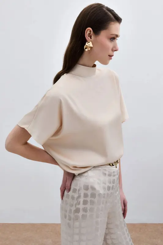 Batwing Sleeve Slouchy Blouse - Beige-Beige - 6